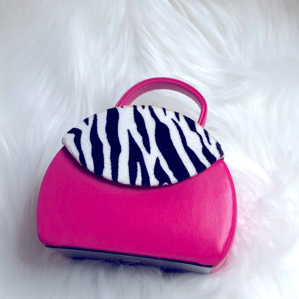 Adorable pink faux leather, black & white zebra fur stripes jewelry purse.